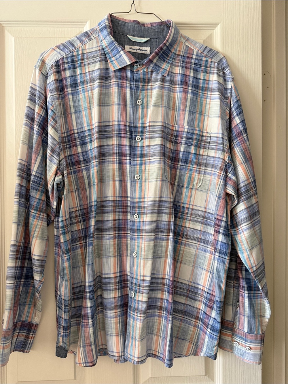 Tommy Bahama Plaid Button-Down Shirt in Blue, Peach, and White